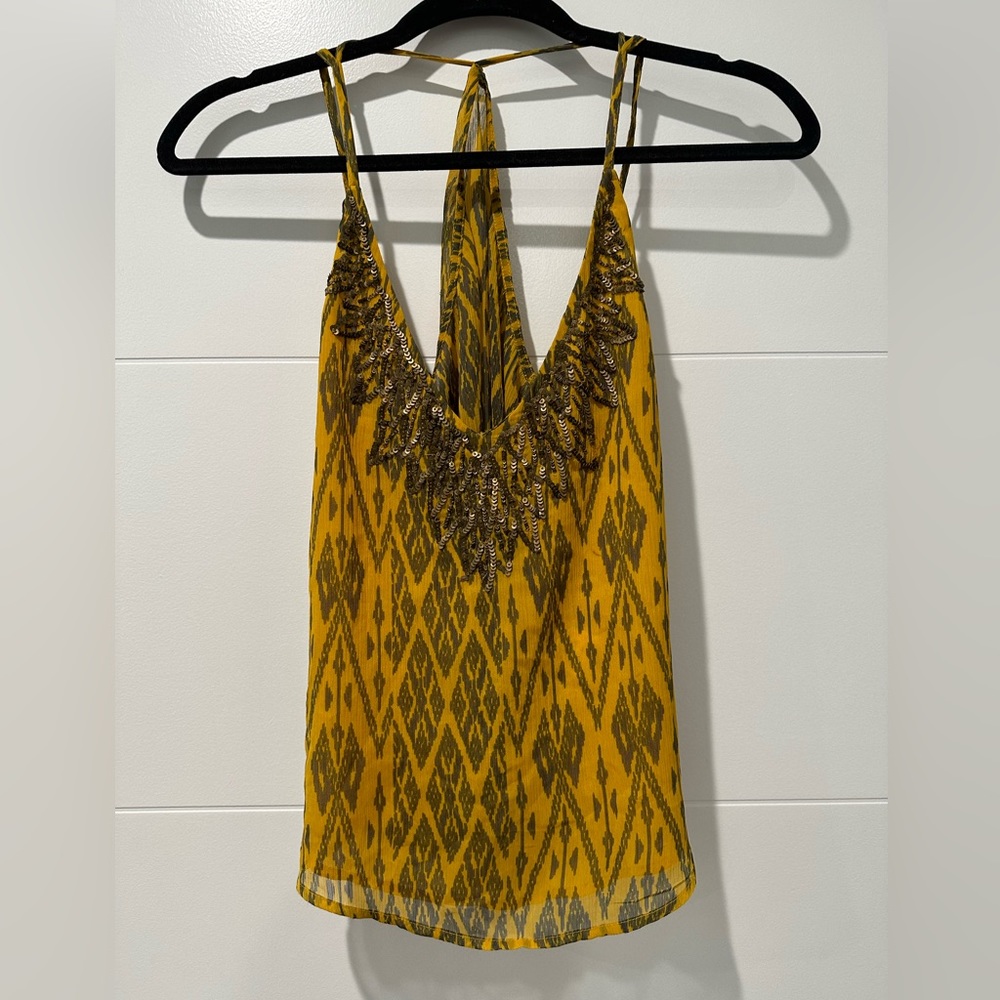 Yellow Abstract Pattern Blouse with Metal Beading and Cool Back, Free People